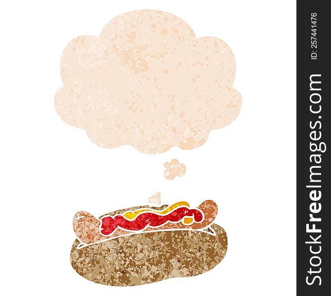 cartoon hotdog with thought bubble in grunge distressed retro textured style. cartoon hotdog with thought bubble in grunge distressed retro textured style