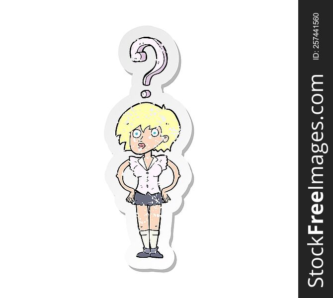 Retro Distressed Sticker Of A Cartoon Confused Woman