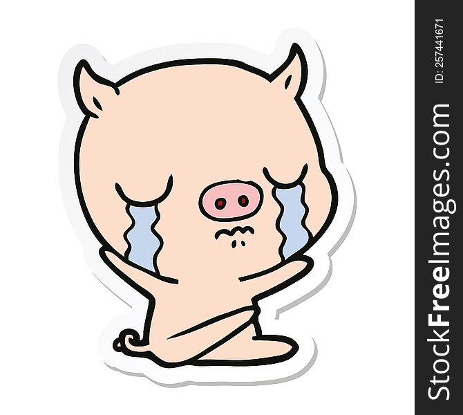Sticker Of A Cartoon Sitting Pig Crying