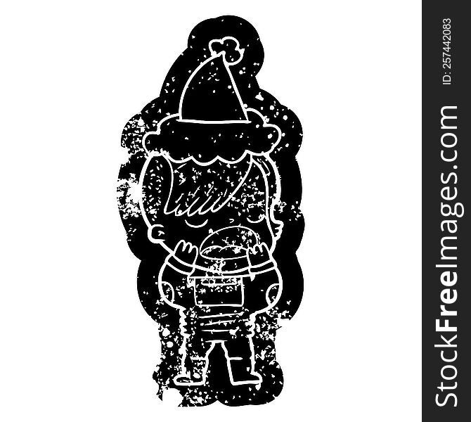 Cartoon Distressed Icon Of A Cool Hipster Girl In Space Suit Wearing Santa Hat