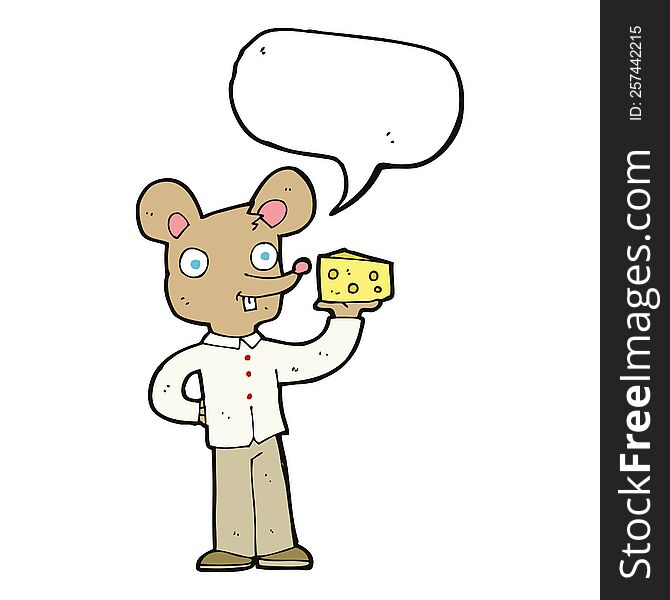 cartoon mouse holding cheese with speech bubble