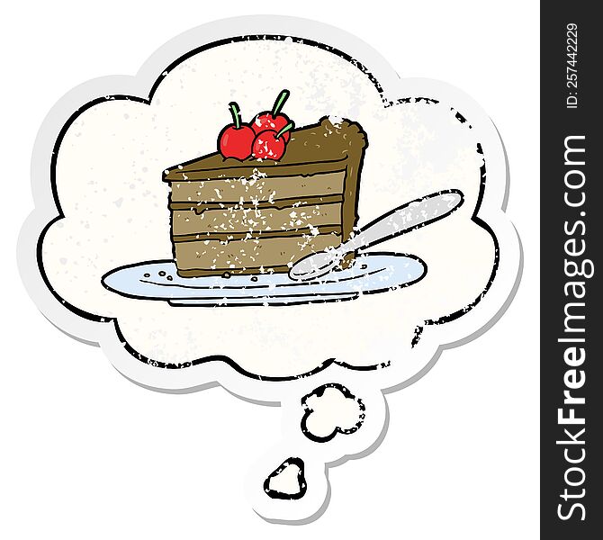 cartoon chocolate cake with thought bubble as a distressed worn sticker