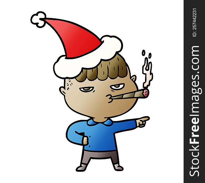hand drawn gradient cartoon of a man smoking wearing santa hat