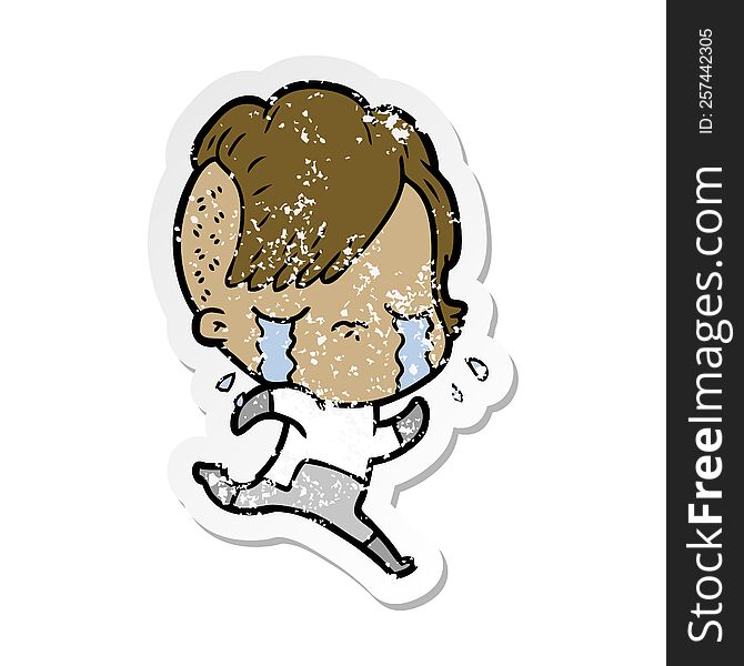 distressed sticker of a cartoon crying girl wearing space clothes