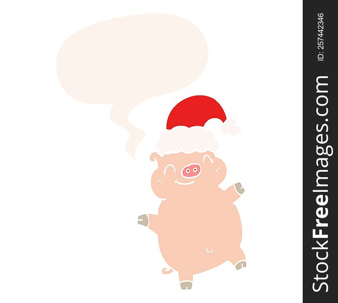 Cartoon Happy Christmas Pig And Speech Bubble In Retro Style