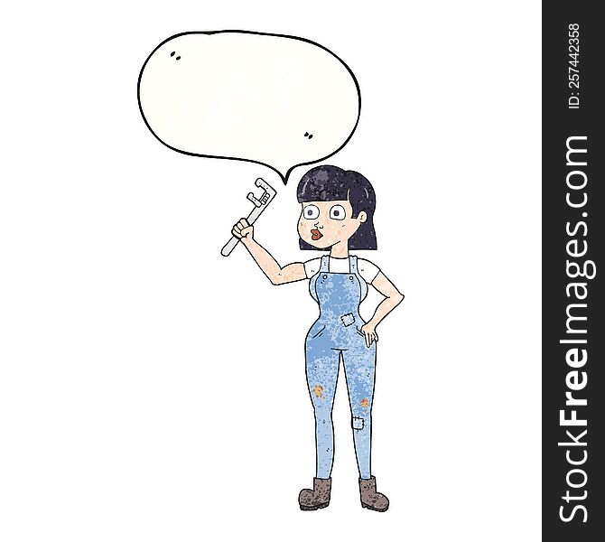 freehand speech bubble textured cartoon female plumber