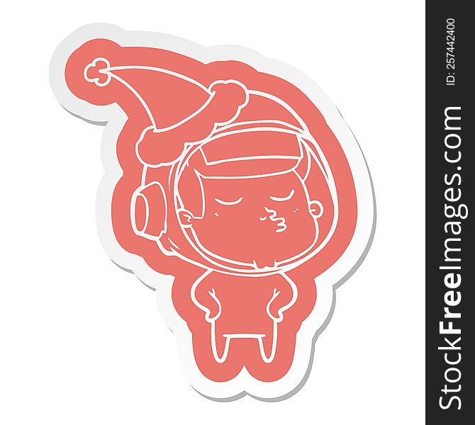 quirky cartoon  sticker of a confident astronaut wearing santa hat