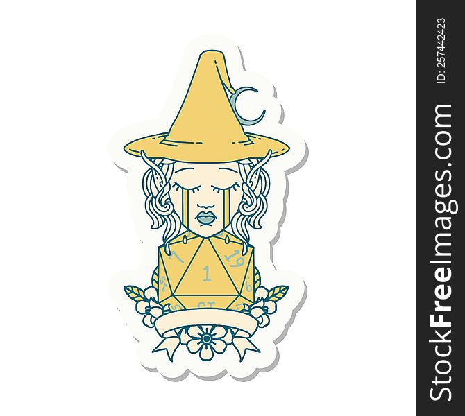 Crying Elf Mage Character With Natural One Dice Roll Sticker