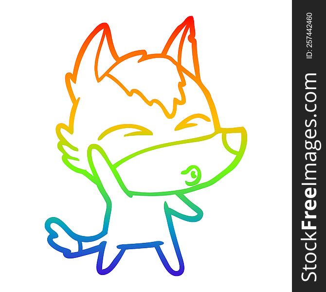 rainbow gradient line drawing of a cartoon waving wolf whistling
