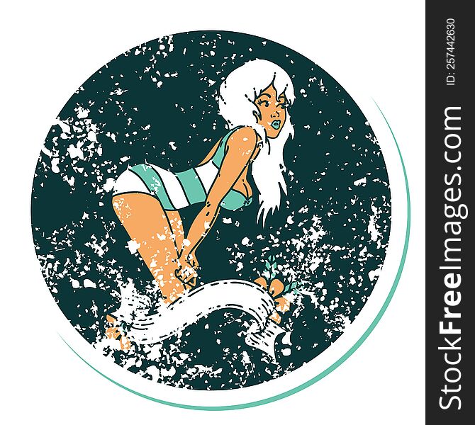 iconic distressed sticker tattoo style image of a pinup girl in swimming costume with banner