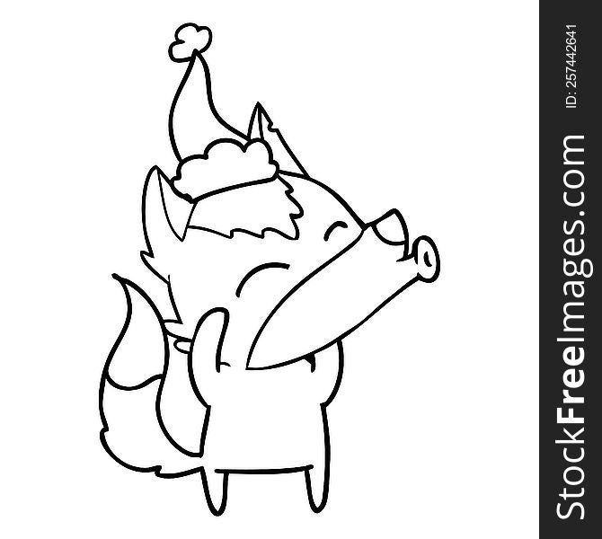 howling wolf hand drawn line drawing of a wearing santa hat. howling wolf hand drawn line drawing of a wearing santa hat