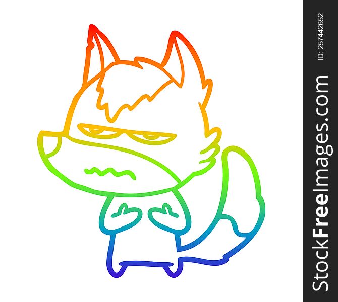 Rainbow Gradient Line Drawing Cartoon Annoyed Wolf