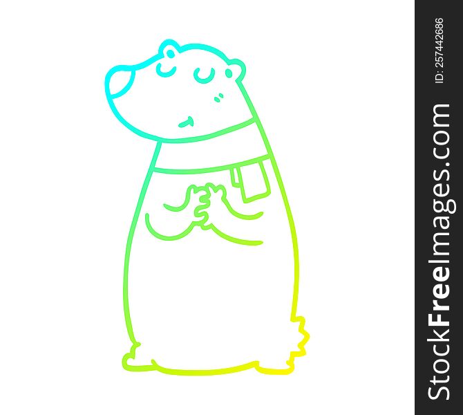 Cold Gradient Line Drawing Cartoon Bear Wearing Scarf
