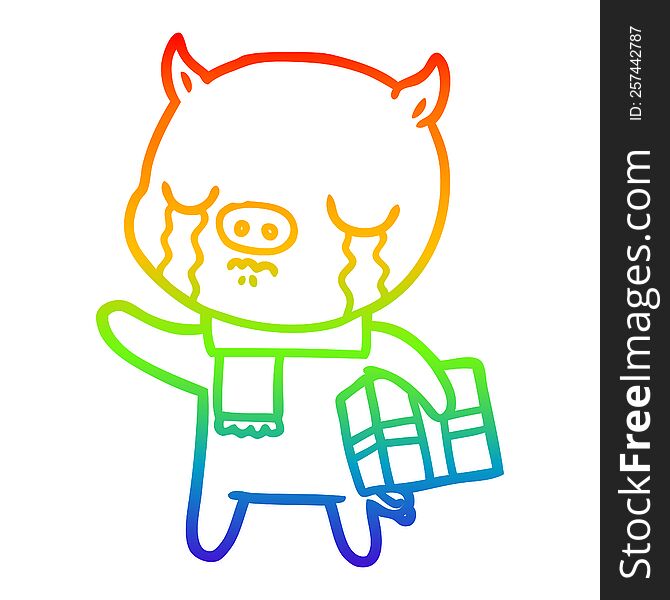 Rainbow Gradient Line Drawing Cartoon Pig Crying Over Christmas Present