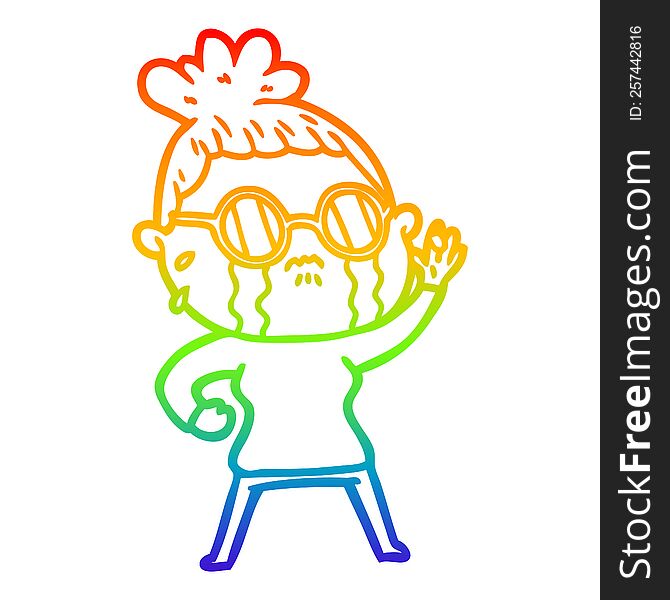 Rainbow Gradient Line Drawing Cartoon Crying Woman Wearing Spectacles