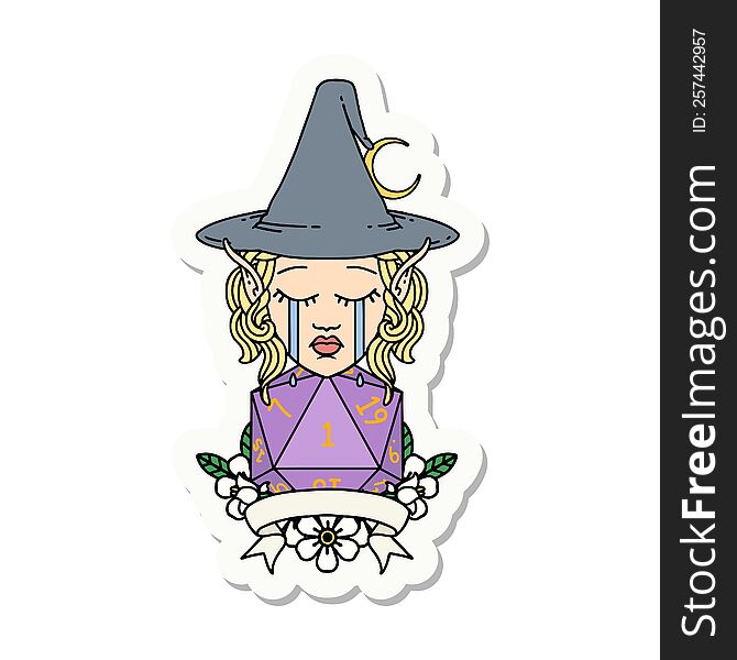 Crying Elf Mage Character With Natural One Dice Roll Sticker