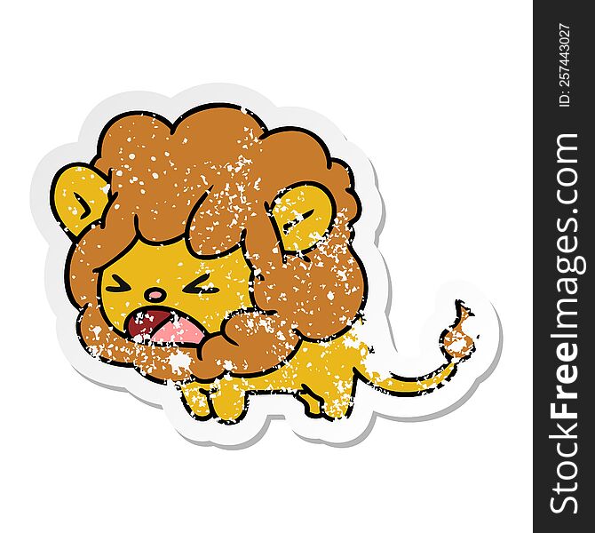 freehand drawn distressed sticker cartoon of cute kawaii roaring lion