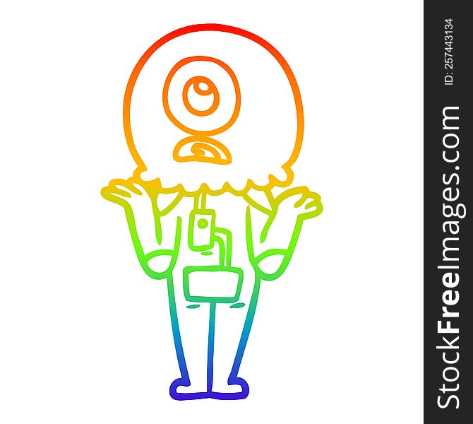 Rainbow Gradient Line Drawing Cartoon Cyclops Alien Spaceman Shrugging Shoulders