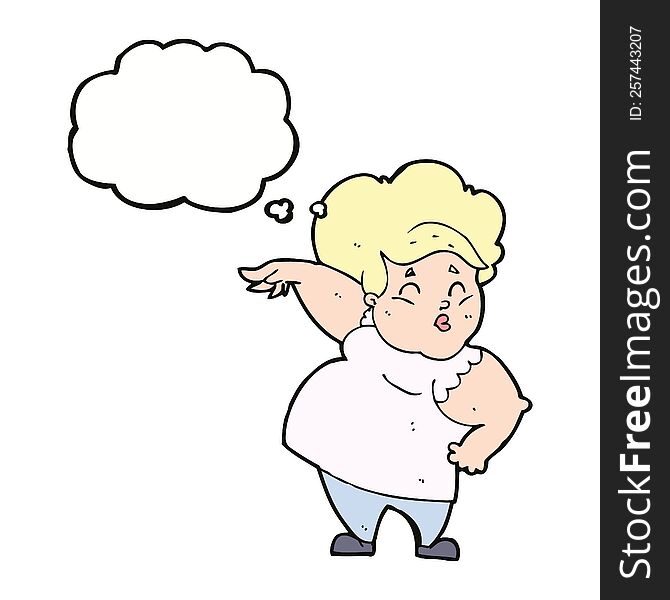 cartoon happy overweight lady with thought bubble