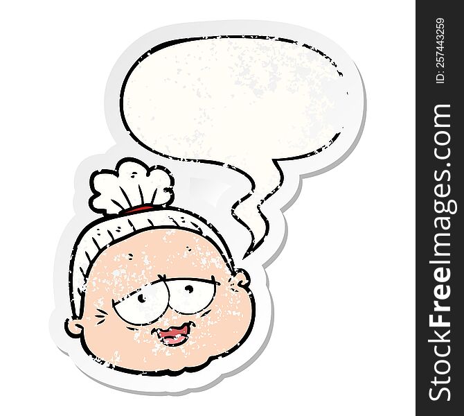 Cartoon Old Lady And Speech Bubble Distressed Sticker