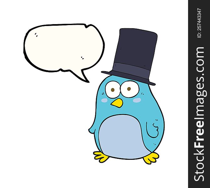 freehand drawn speech bubble cartoon bird wearing top hat