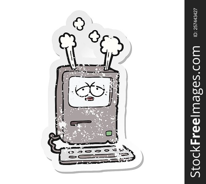 Distressed Sticker Of A Cartoon Tired Computer Overheating