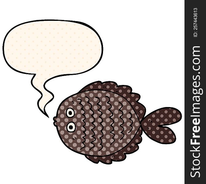 cartoon flat fish with speech bubble in comic book style