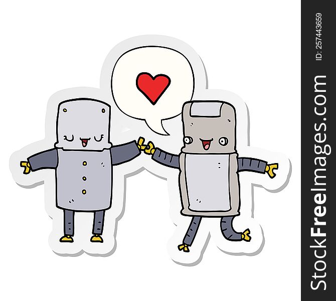 cartoon robots in love and speech bubble sticker