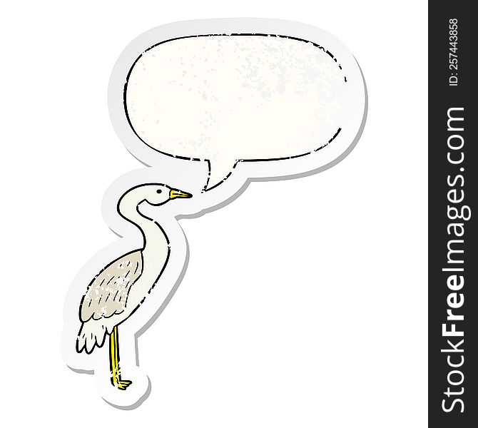 cartoon stork with speech bubble distressed distressed old sticker. cartoon stork with speech bubble distressed distressed old sticker