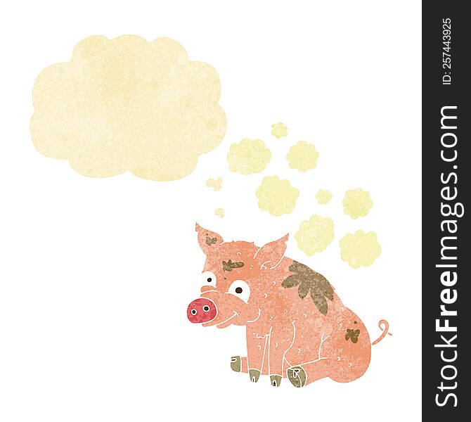 cartoon smelly pig with thought bubble
