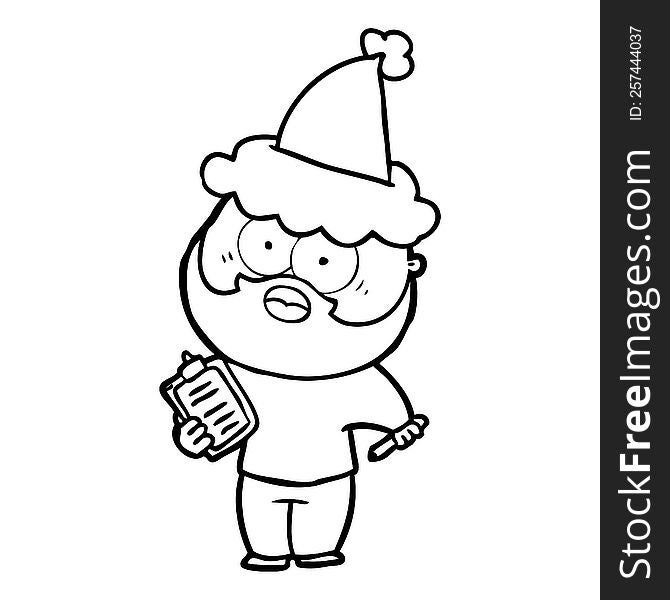 Line Drawing Of A Bearded Man With Clipboard And Pen Wearing Santa Hat