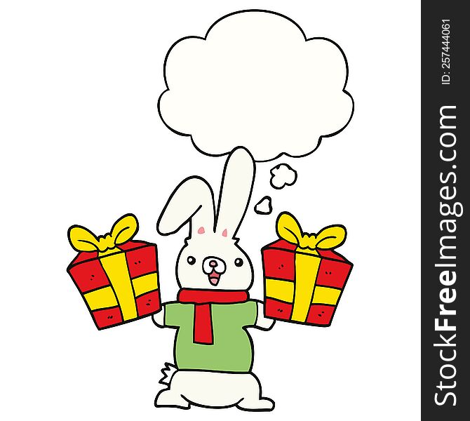 cartoon rabbit with christmas presents and thought bubble