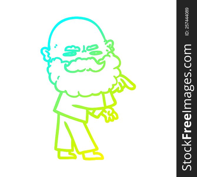 cold gradient line drawing of a cartoon man with beard frowning and pointing