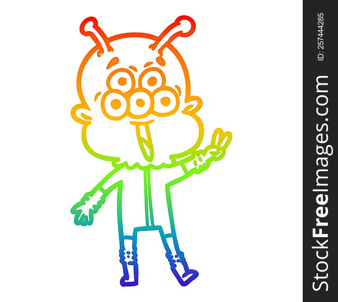 rainbow gradient line drawing of a happy cartoon alien waving peace gesture