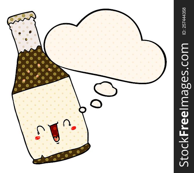 cartoon beer bottle and thought bubble in comic book style