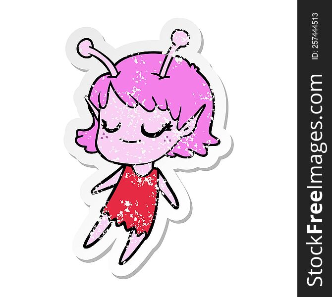 distressed sticker of a smiling alien girl cartoon floating