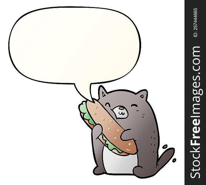 cartoon cat loving the amazing sandwich he\'s just made for lunch with speech bubble in smooth gradient style