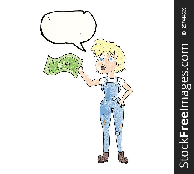 freehand speech bubble textured cartoon confident farmer woman with money