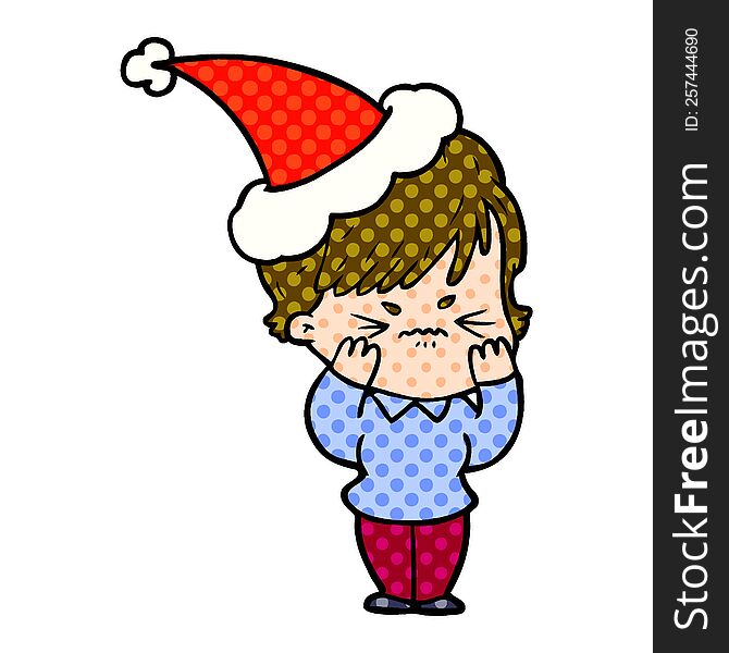 hand drawn comic book style illustration of a frustrated woman wearing santa hat