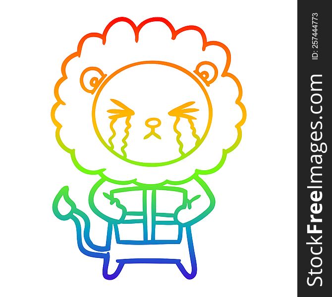 Rainbow Gradient Line Drawing Cartoon Crying Lion With Gift