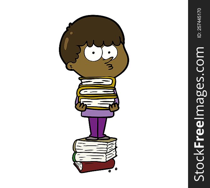 cartoon curious boy with lots of books. cartoon curious boy with lots of books