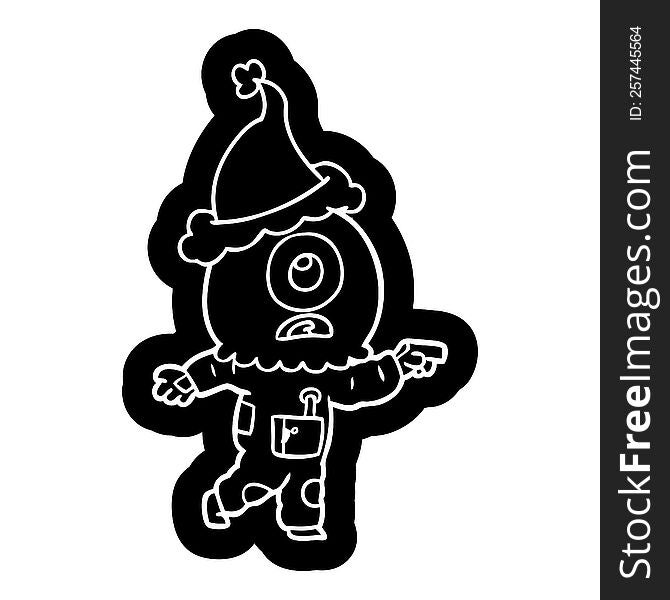 quirky cartoon icon of a cyclops alien spaceman pointing wearing santa hat