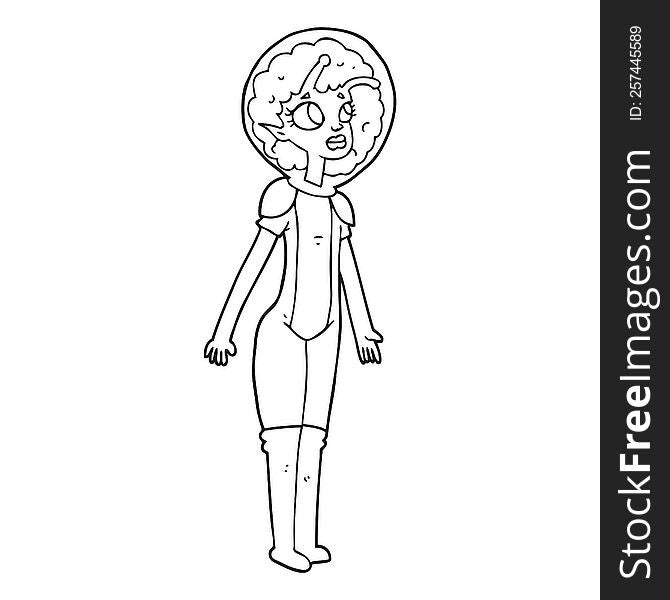 freehand drawn black and white cartoon alien space girl