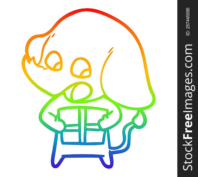 rainbow gradient line drawing of a cute cartoon elephant with christmas present