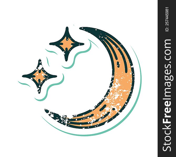 iconic distressed sticker tattoo style image of a moon and stars. iconic distressed sticker tattoo style image of a moon and stars