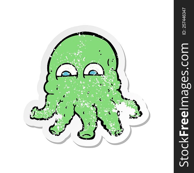 retro distressed sticker of a cartoon alien squid face