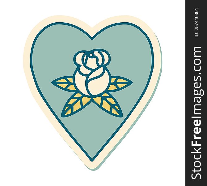 sticker of tattoo in traditional style of a heart and flowers. sticker of tattoo in traditional style of a heart and flowers