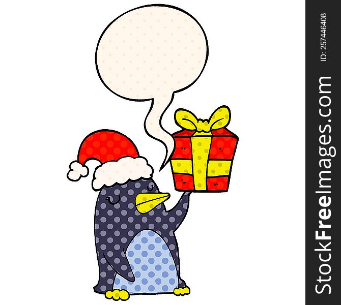 cartoon penguin with christmas present with speech bubble in comic book style. cartoon penguin with christmas present with speech bubble in comic book style