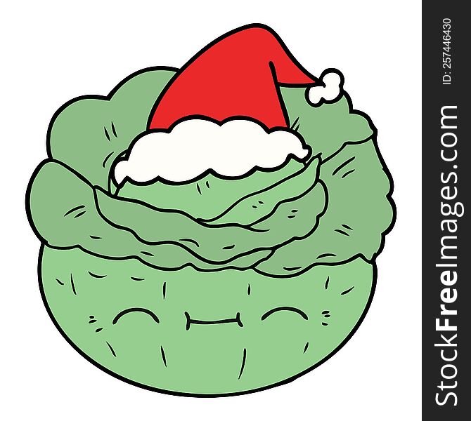 hand drawn line drawing of a cabbage wearing santa hat