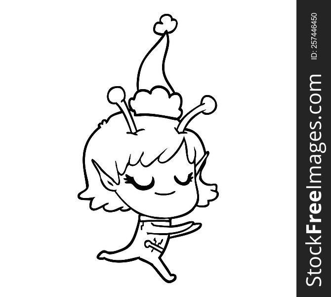 smiling alien girl hand drawn line drawing of a running wearing santa hat. smiling alien girl hand drawn line drawing of a running wearing santa hat